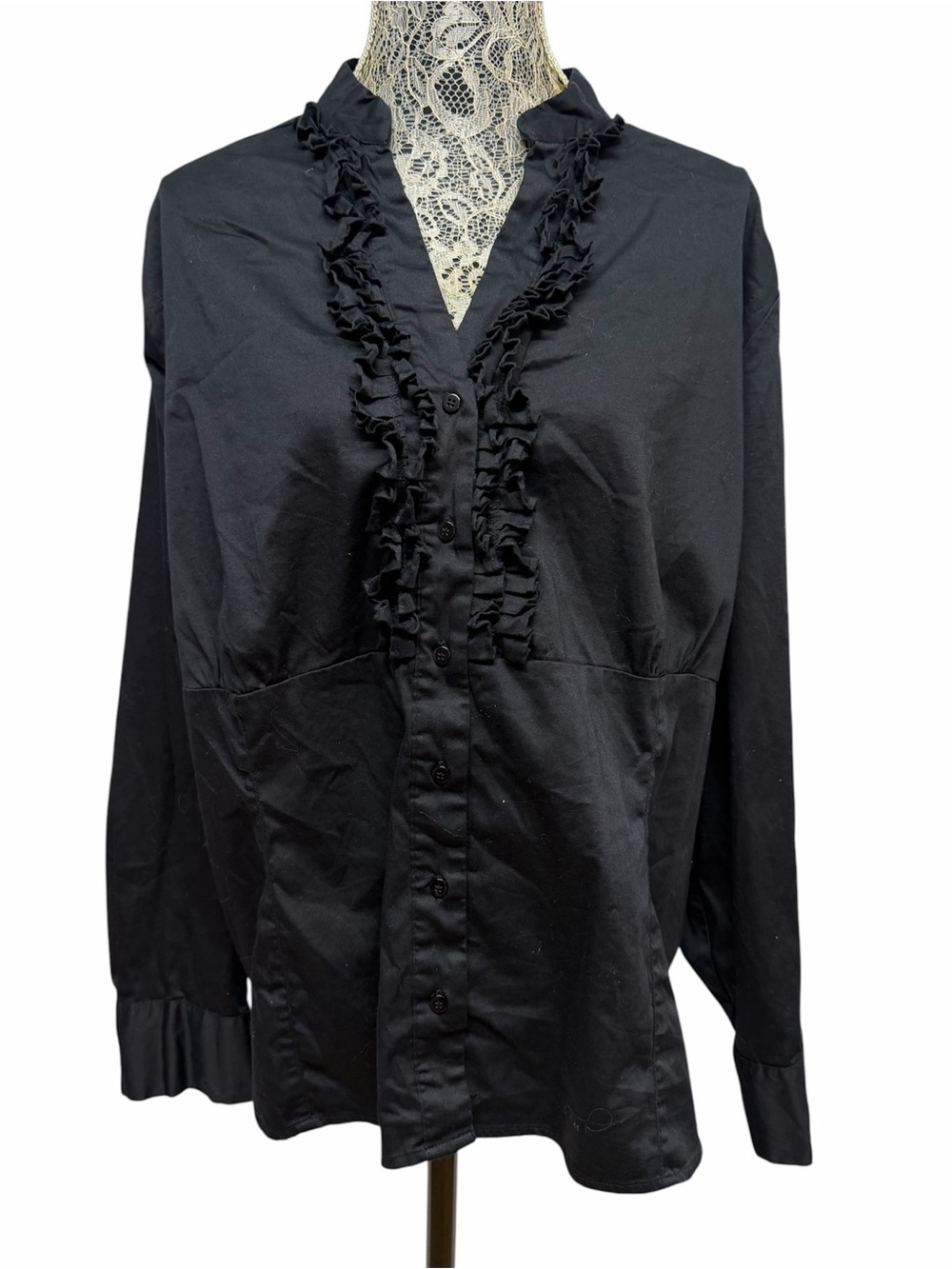 Apt. 9 Woman 3X Black Ruffle Front Button Up Blouse Plus